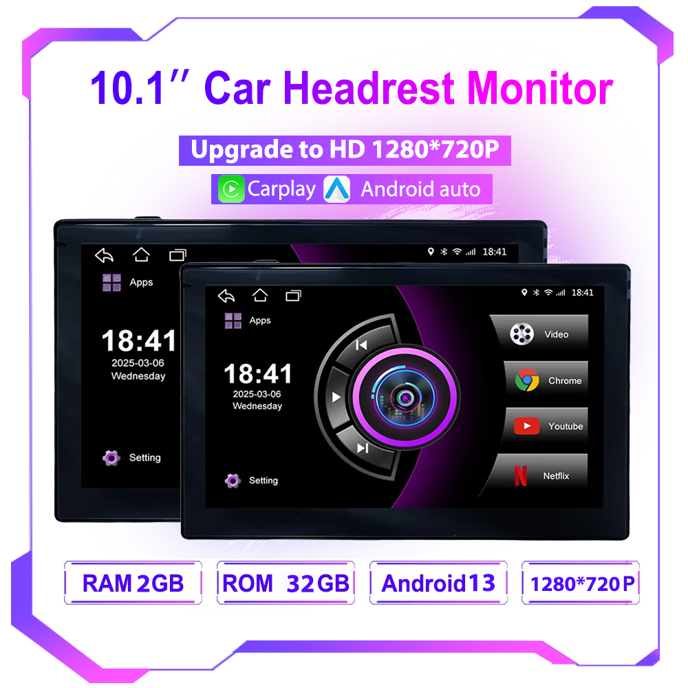 Car Multimedia Player Carplay Android Auto - شاشة سيارة بحجم 10.1 بوصة لمسند